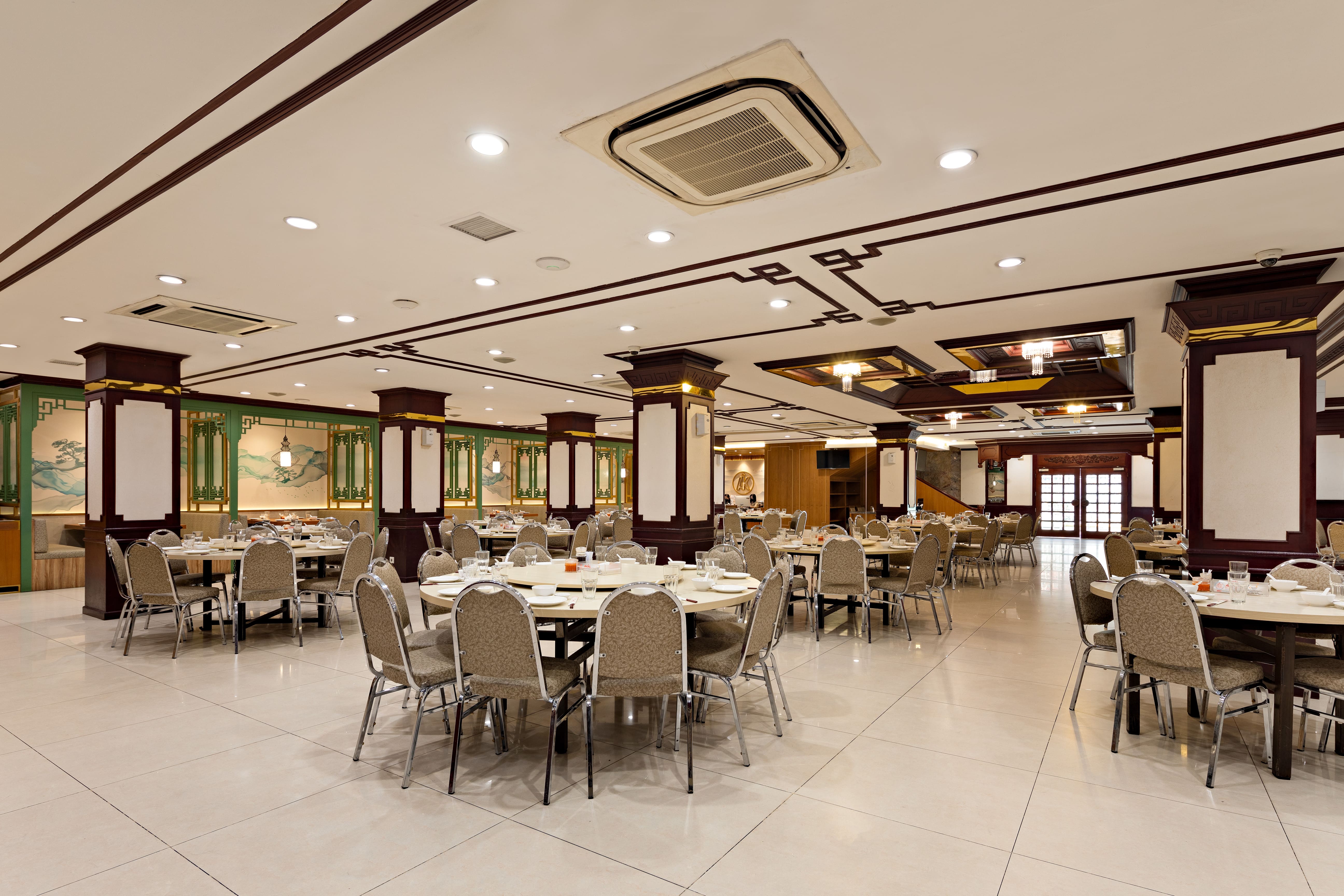 Elegant banquet hall with golden decorations