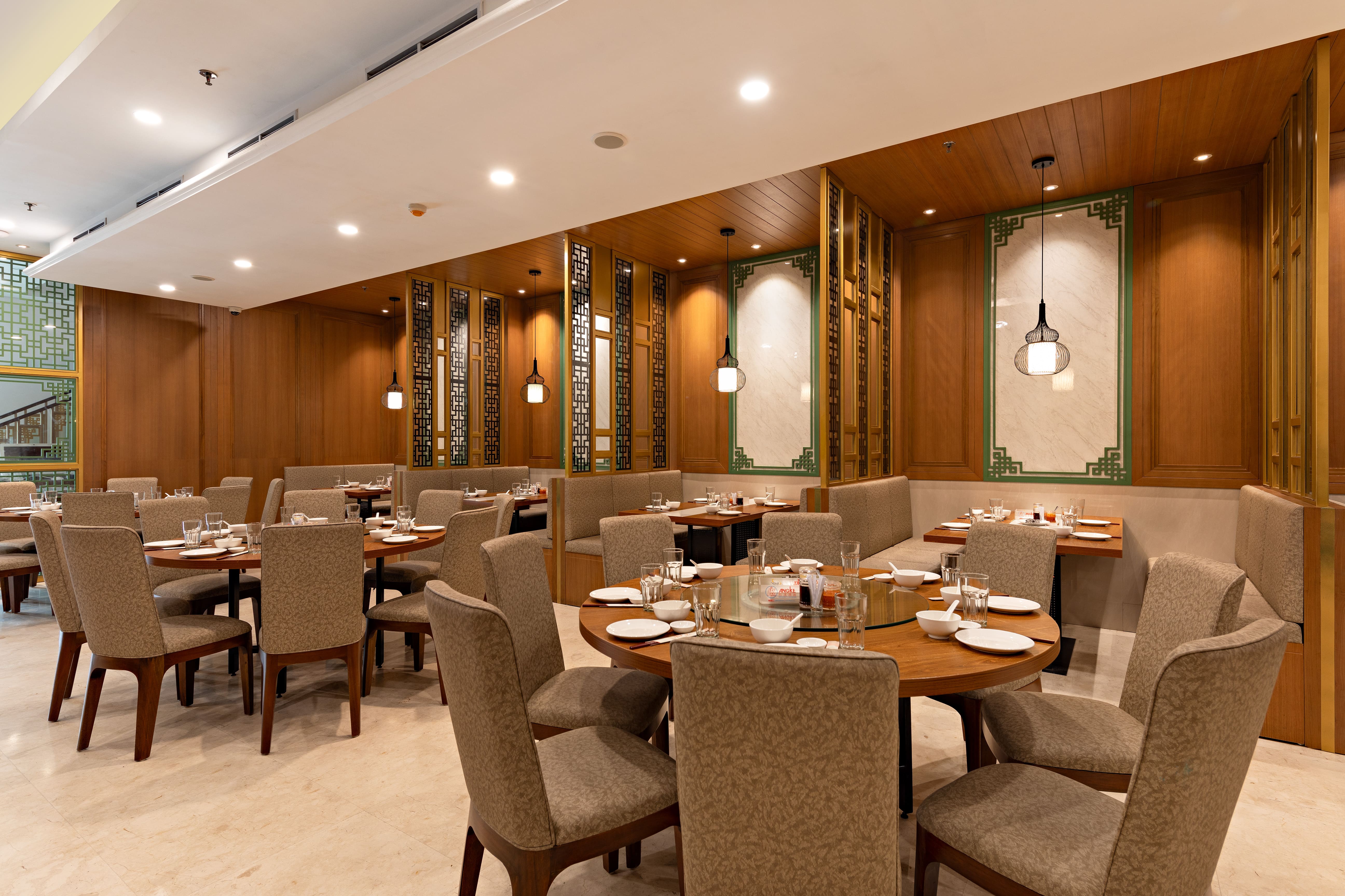 Elegant banquet hall with golden decorations