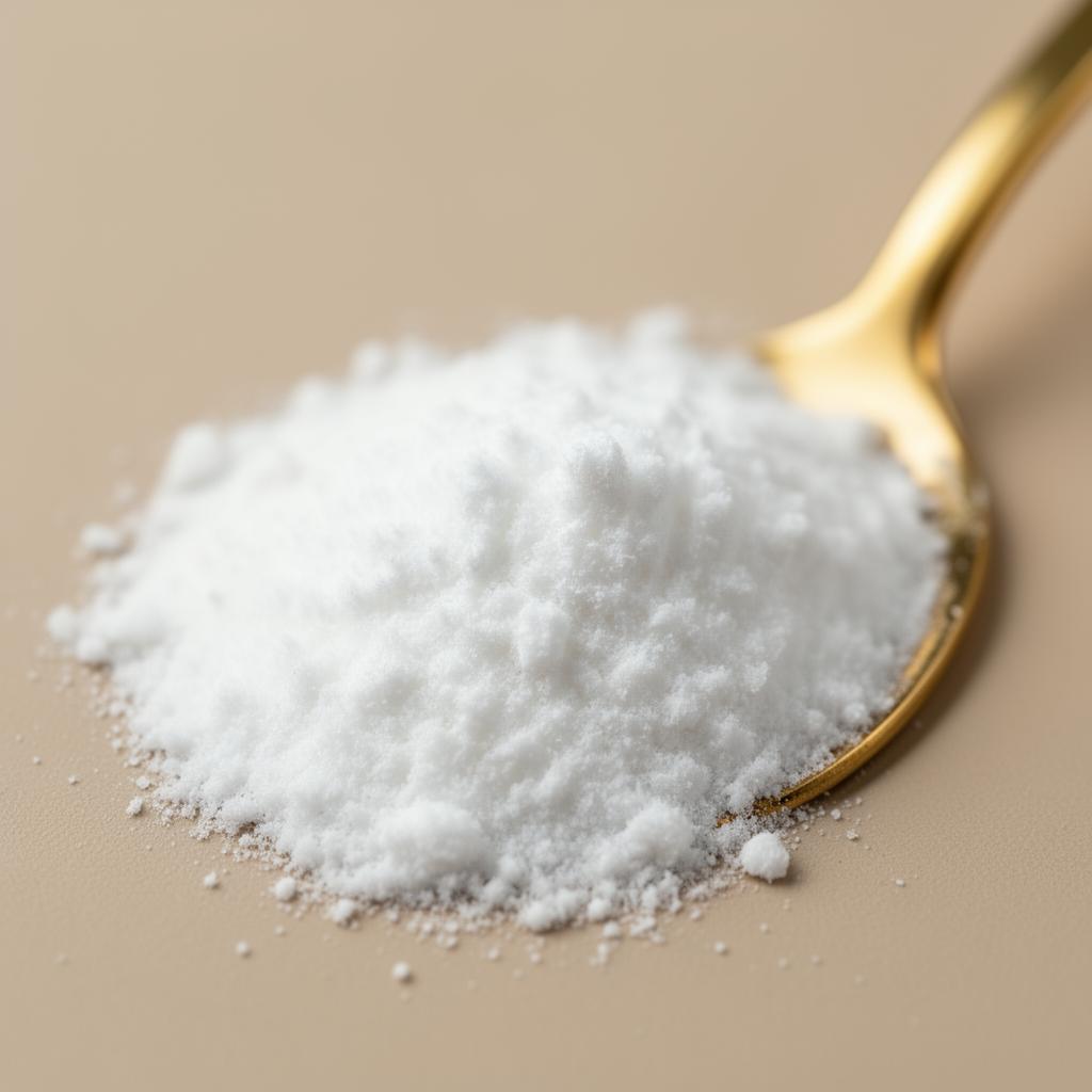 Serbuk stevia halus atas sudu emas