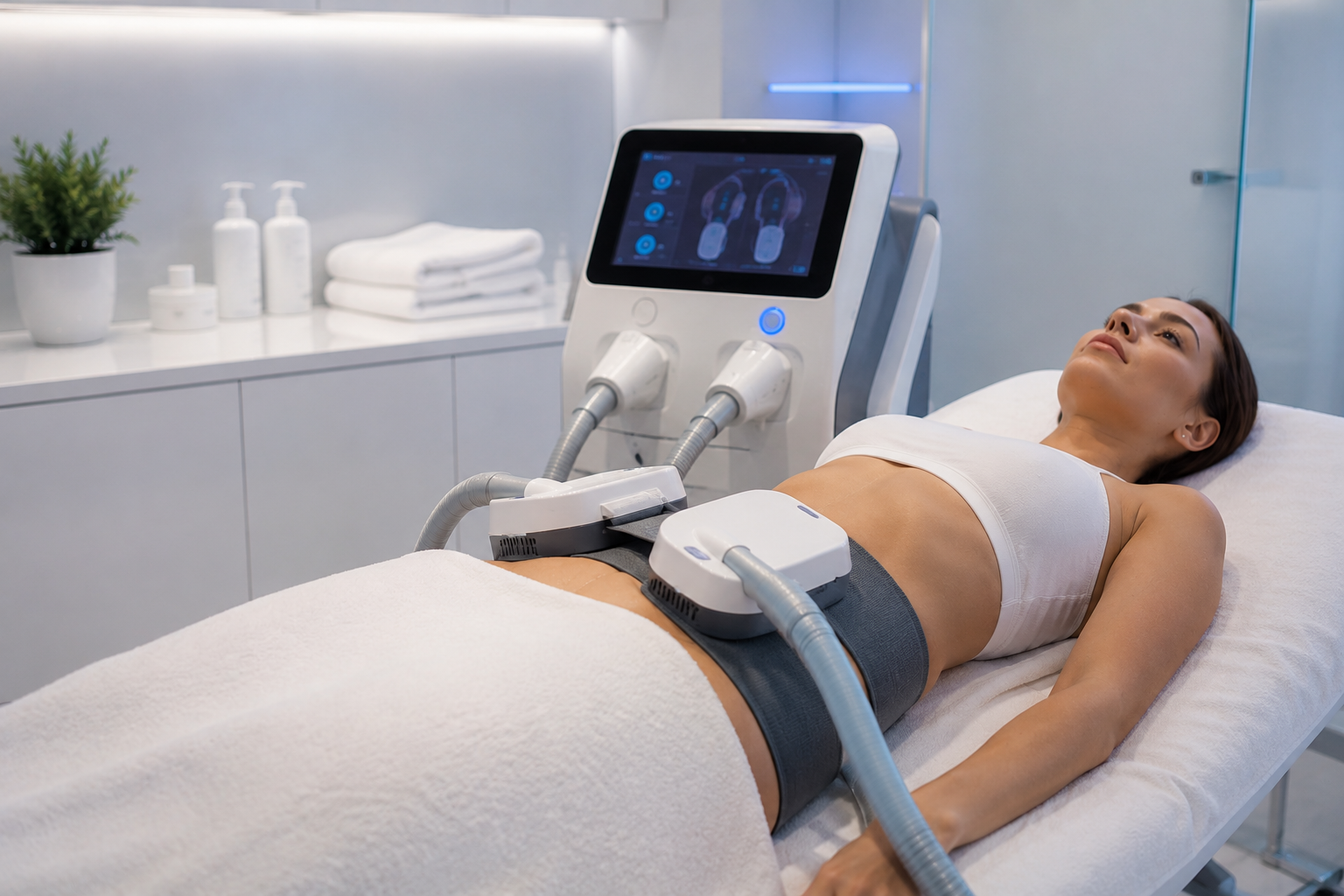 A body toning applicator strapped in position across a client's abdomen while they lie comfortably on a treatment couch at home