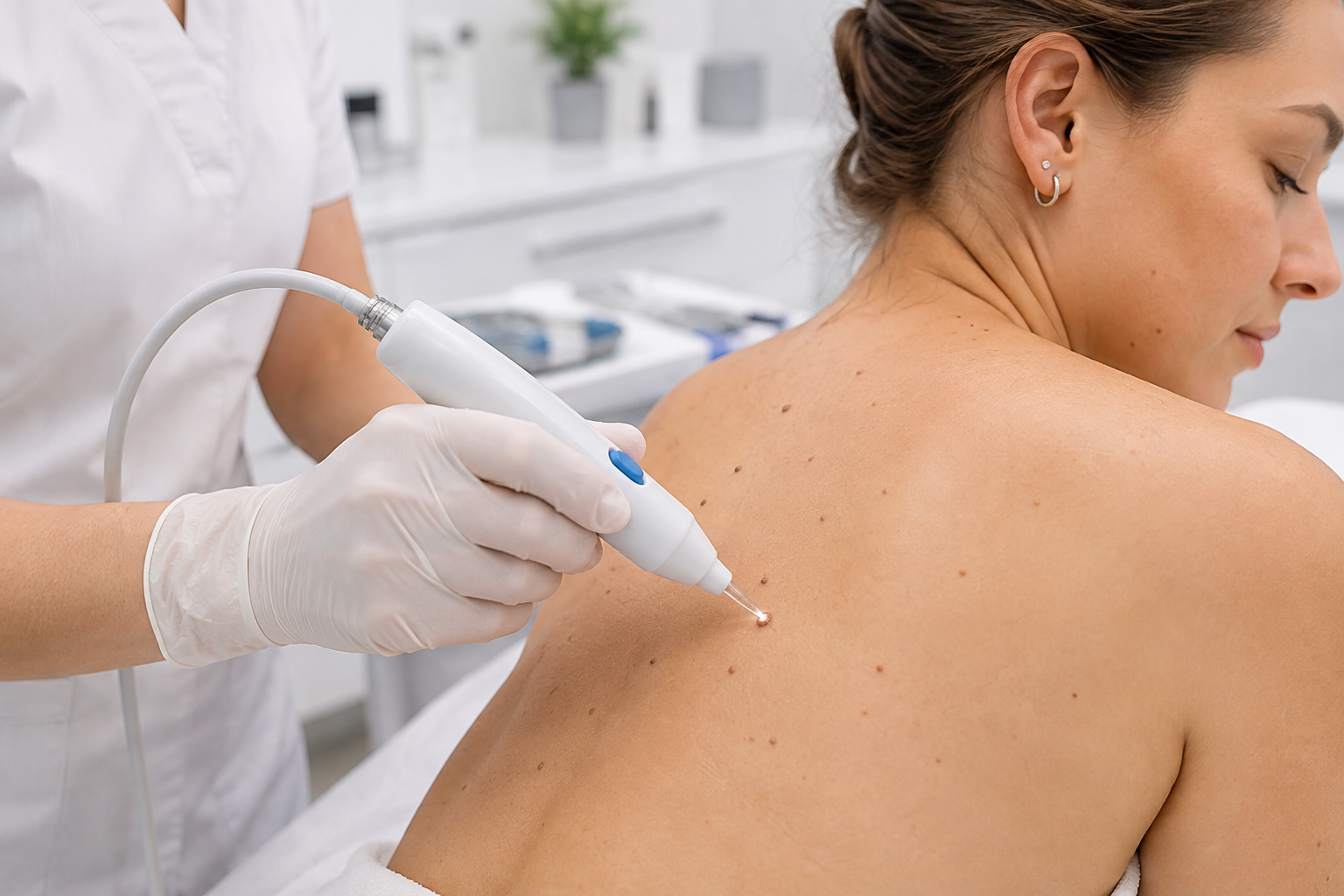 A consultant using a CryoPen device to treat a benign skin lesion on a client's skin during a precision cryotherapy session