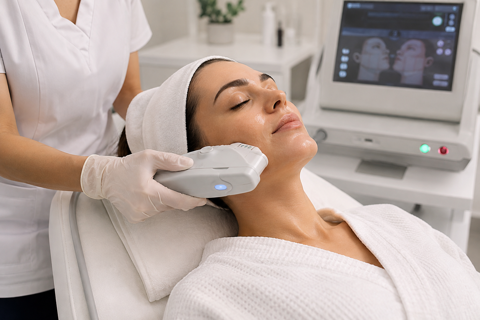 A consultant guiding a HIFU handpiece along the jawline of a relaxed client during a non-surgical facelift session