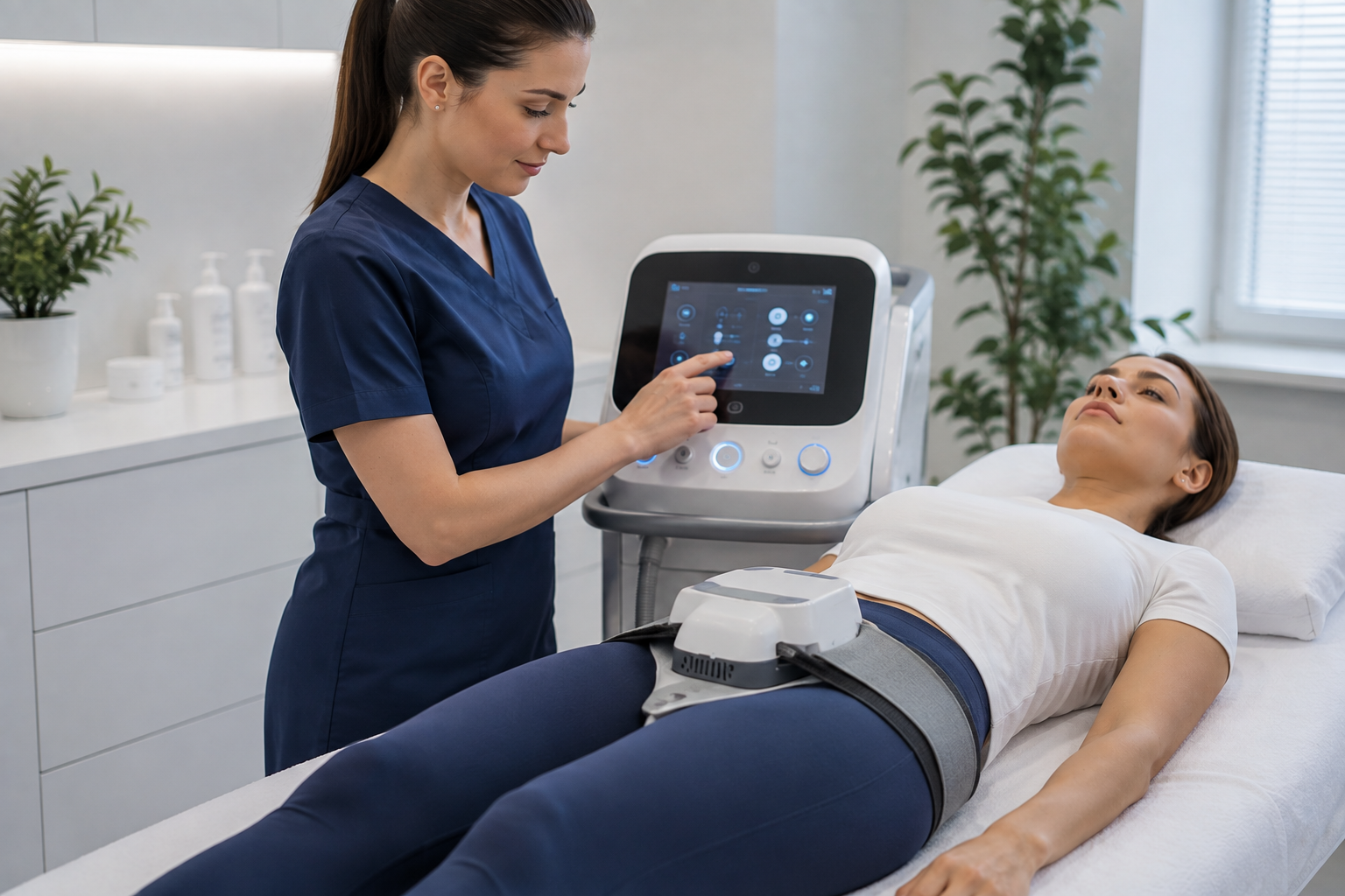 A consultant talking through a pelvic floor treatment plan with a fully clothed client seated comfortably in a bright home living room
