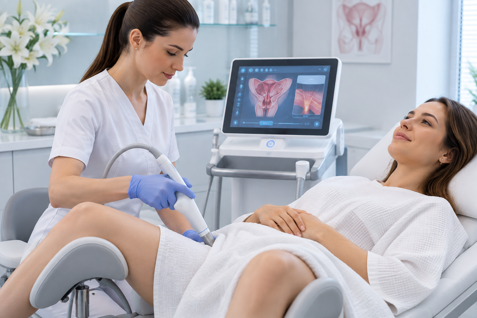 A HIFU handpiece and treatment console arranged on a clean draped surface in a private consultation setting