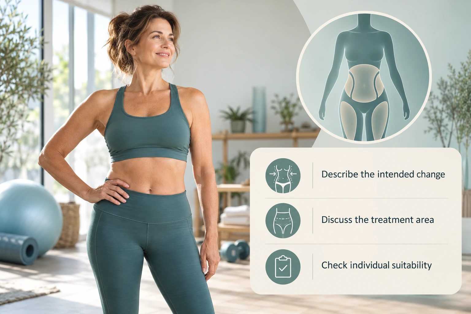 Body contouring identifying the intended change: Describe the intended change; Discuss the treatment area; Check individual suitability