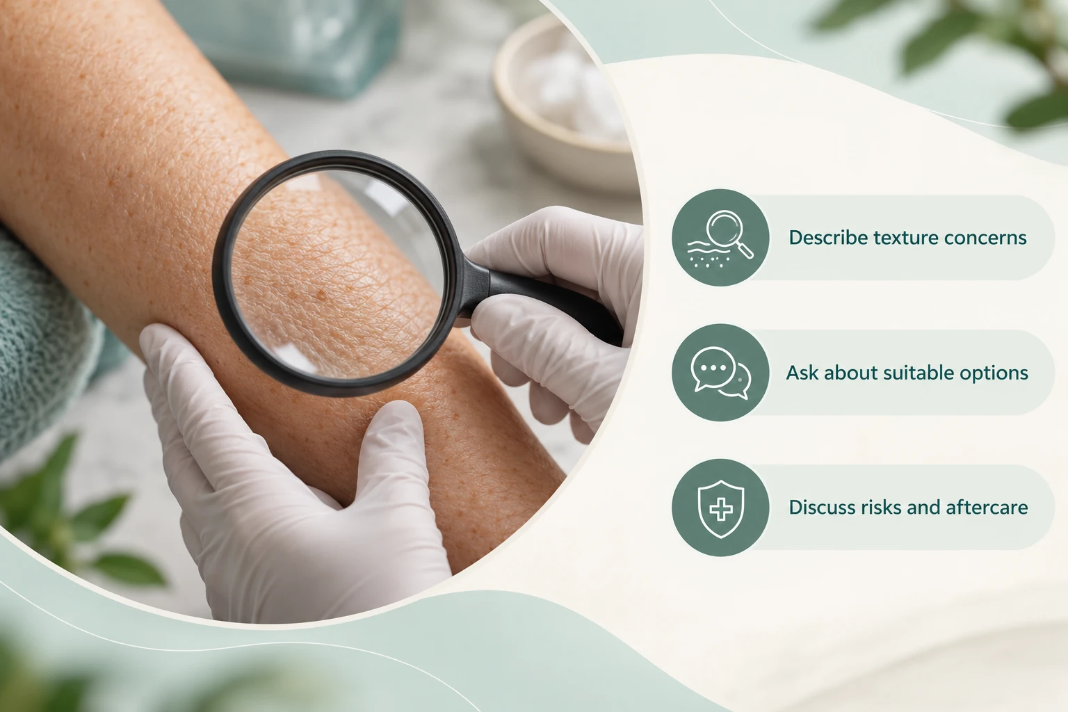 Skin firmness and texture: Describe texture concerns; Ask about suitable options; Discuss risks and aftercare
