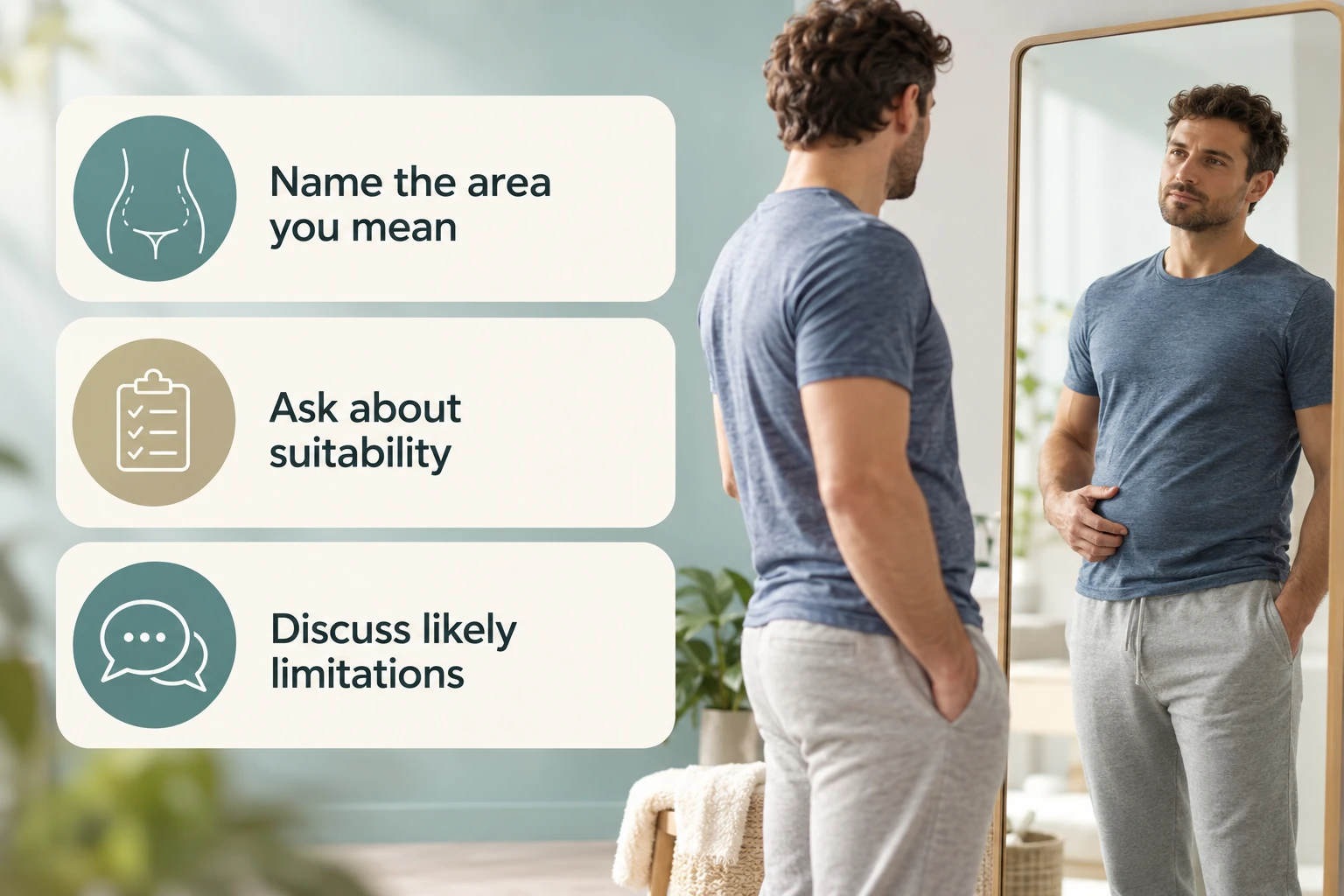 Questions for body-contouring enquiries: Name the area you mean; Ask about suitability; Discuss likely limitations