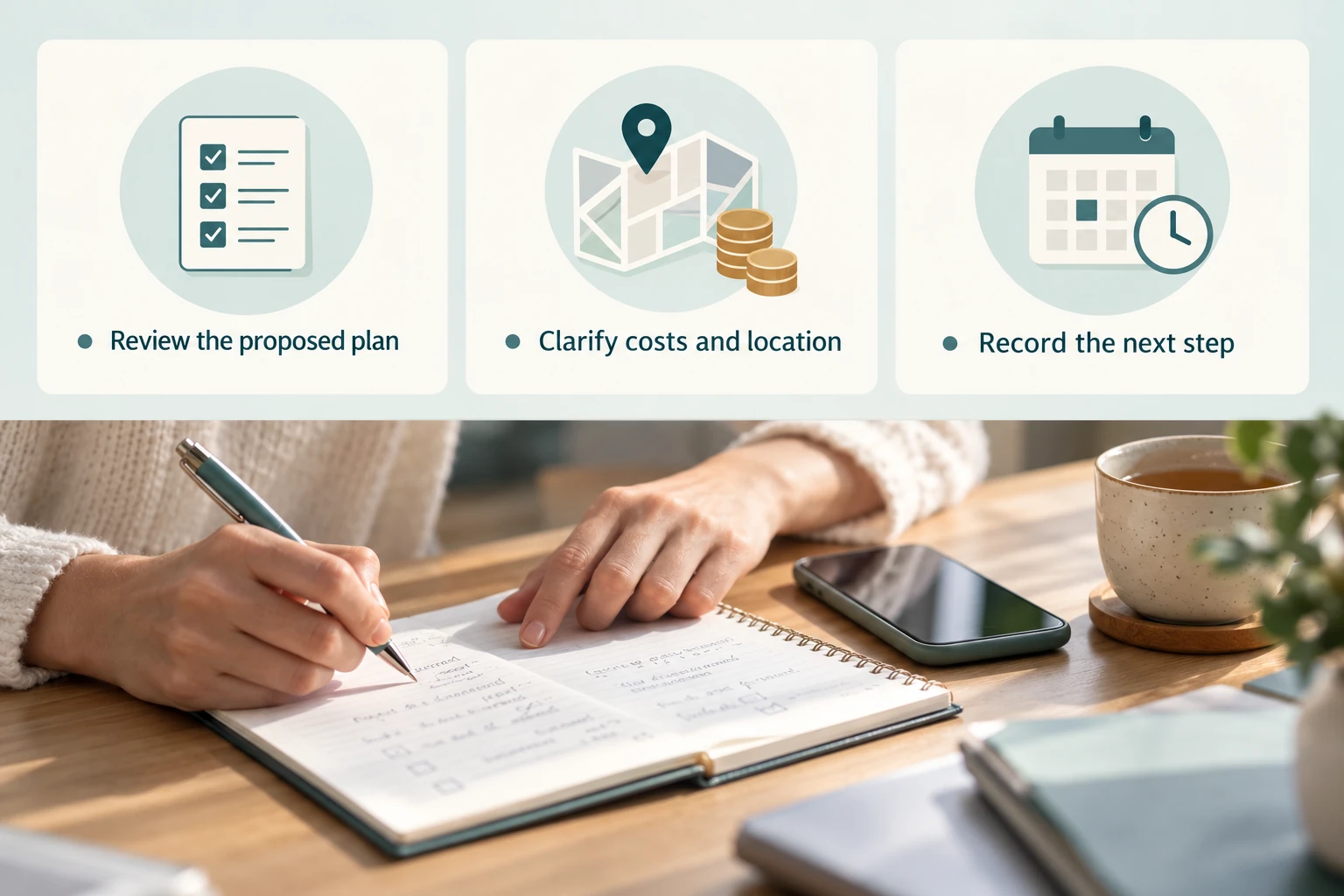 At the end of the consultation: Review the proposed plan; Clarify costs and location; Record the next step