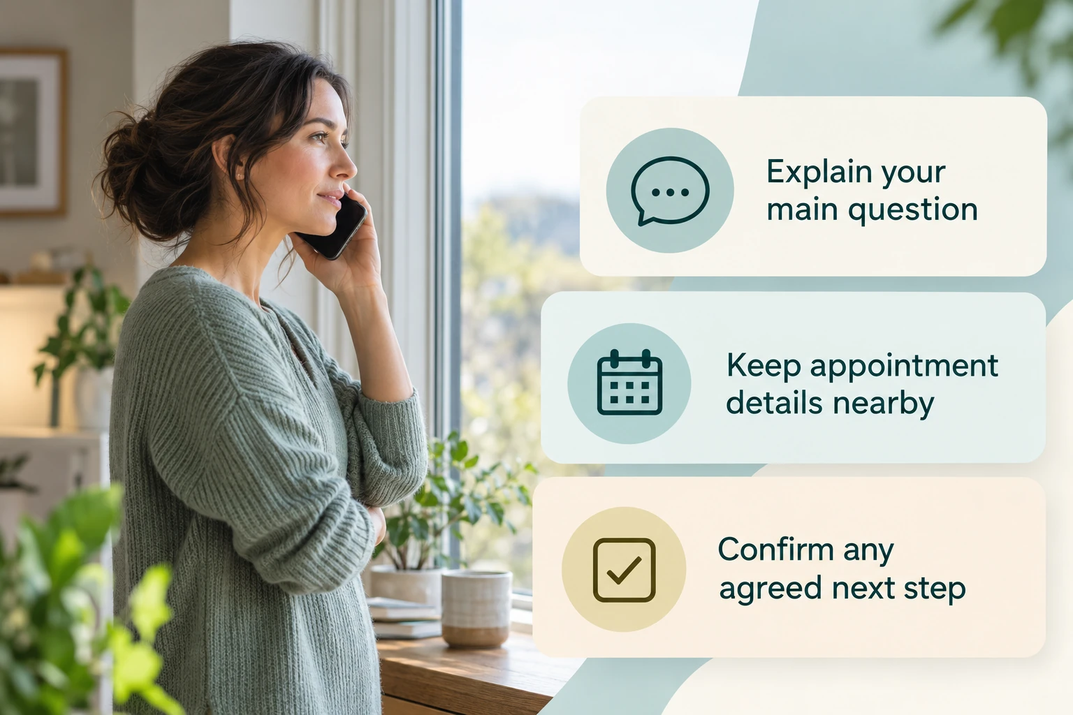 Calling the team: Explain your main question; Keep appointment details nearby; Confirm any agreed next step