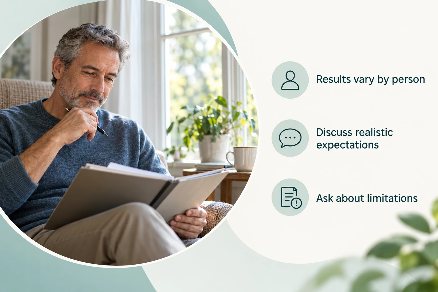 Realistic Results and What You Can Expect: Results vary by person; Discuss realistic expectations; Ask about limitations