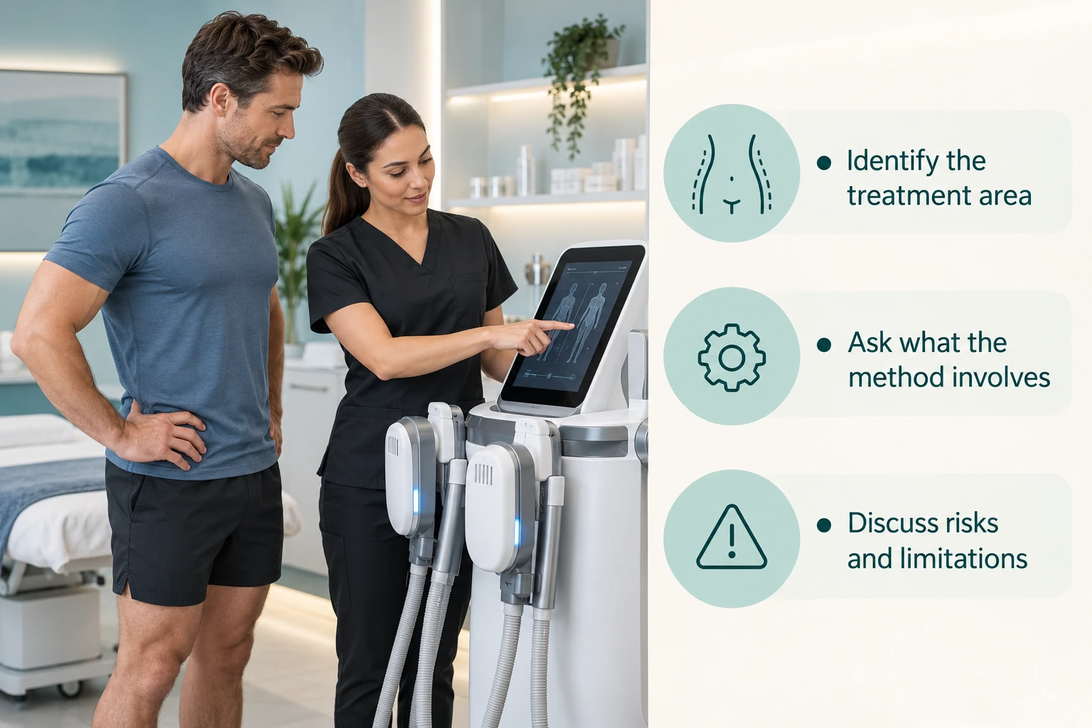 Body Contouring and Sculpting Treatments: Identify the treatment area; Ask what the method involves; Discuss risks and limitations