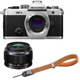 OM SYSTEM オーエムシステム OM-3 ボディ シルバー＋ 25mm F1.8 IIレンズ＋P-CB-295(アースブラウン) セット