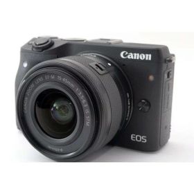 【中古】キヤノン Canon EOS M3 レンズキット ブラック 美品 スマホへ転送・自分撮りミラーレス ストラップ付き
