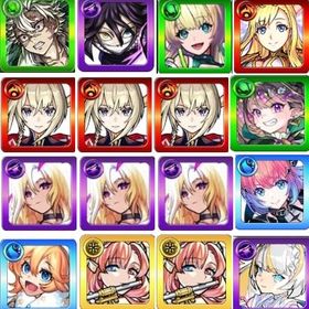 風柱+蛇柱+マサムネ×3+ルシファー×3+ニケ+マナ+ナイトメア+久遠+アナスタシア+ソロモン×2 モバイルゲームモンスト