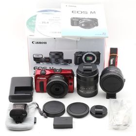 ＜良品＞ Canon ミラーレス一眼カメラ EOS M ダブルレンズキット EF-M18-55mm F3.5-5.6 IS STM/EF-M22mm F2 STM付属 レッド EOSMRE-WLK