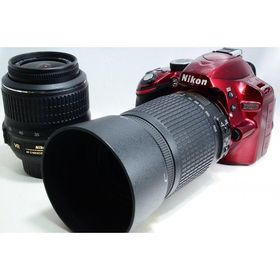 ニコン Nikon D3200 標準&amp;望遠ダブルレンズセット レッド 美品 ストラップ、 <プレゼント包装承ります>