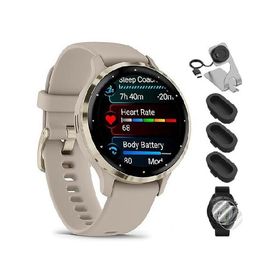 Garmin 010-02785-02 Venu 3S Health Fitness GPS Smartwatch Gold Steel Bezel with French Gray Case 41mm Bundle with Deco Essentials Charging Dock, Dust
