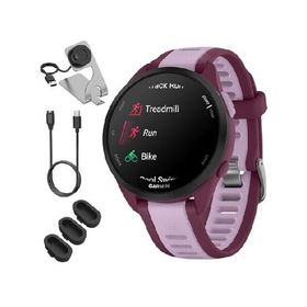Garmin 010-02863-33 Forerunner 165 Music Smart Sport Watch, Berry + Lilac Bundle with Deco Essentials Charging Dock, 3X Silicone Dust Cover and USB Ty