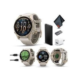 Garmin Fenix 8 43MM AMOLED Sapphire Premium Multisport GPS Smartwatch Soft Gold with Fog Gray/Sandstone Silicone Band, Built-in LED Flashlight, Health