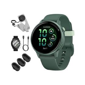 Garmin 010-02985-02 VIVOACTIVE 6 Health ＆ Fitness GPS Smartwatch, Jasper Green with Silicone Band Bundle with Charging Dock, USB Type C Charger, Sili