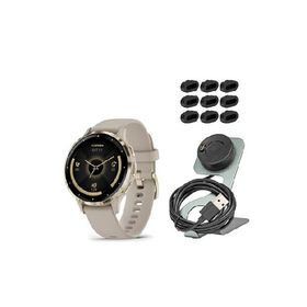 Garmin Venu 3S Soft Gold Stainless Steel Bezel Smartwatch with 41mm Ivory Case and Silicone Band Bundle with Charger Stand Smartwatches and Focus Char