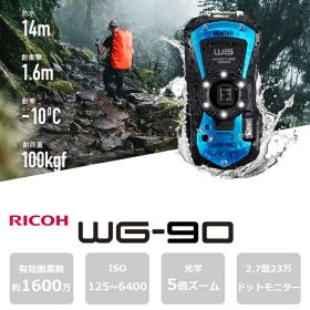 デジタルカメラ 1600万画素 WG-90 BLUE ペンタックス PENTAX デジカメ 2.7型モニター 防水 耐衝撃 防塵 耐寒 光学5倍ズーム ISO125〜6400 動画手振れ補正 水中撮影 LEDリングライト デジタル顕微鏡 アウトドア
