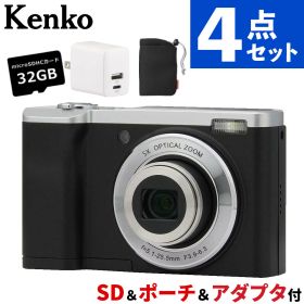 (microSD32GB・ポーチ・アダプタセット)ケンコー デジタルカメラ KC-ZM08 ブラック コンパクトデジタルカメラ コンデジ リアカメラ 自撮り WEBカメラ 光学5倍ズーム 広角 望遠 1600万画素 デジカメ タッチパネル式液晶モニター Kenko （レビュー特典あり）