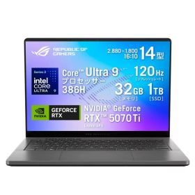 ASUS ゲーミングノートパソコン ROG Zephyrus G14 GU405AR GU405AR-U9R5070TIG 14インチ 2,880×1,800 120Hz 有機EL グレア Core Ultra 9 386H RTX5070Ti メモリ : 32GB SSD : 1TB Windows 11 Home 64ビット ノートPC エクリプスグレー 0199291501072-ds