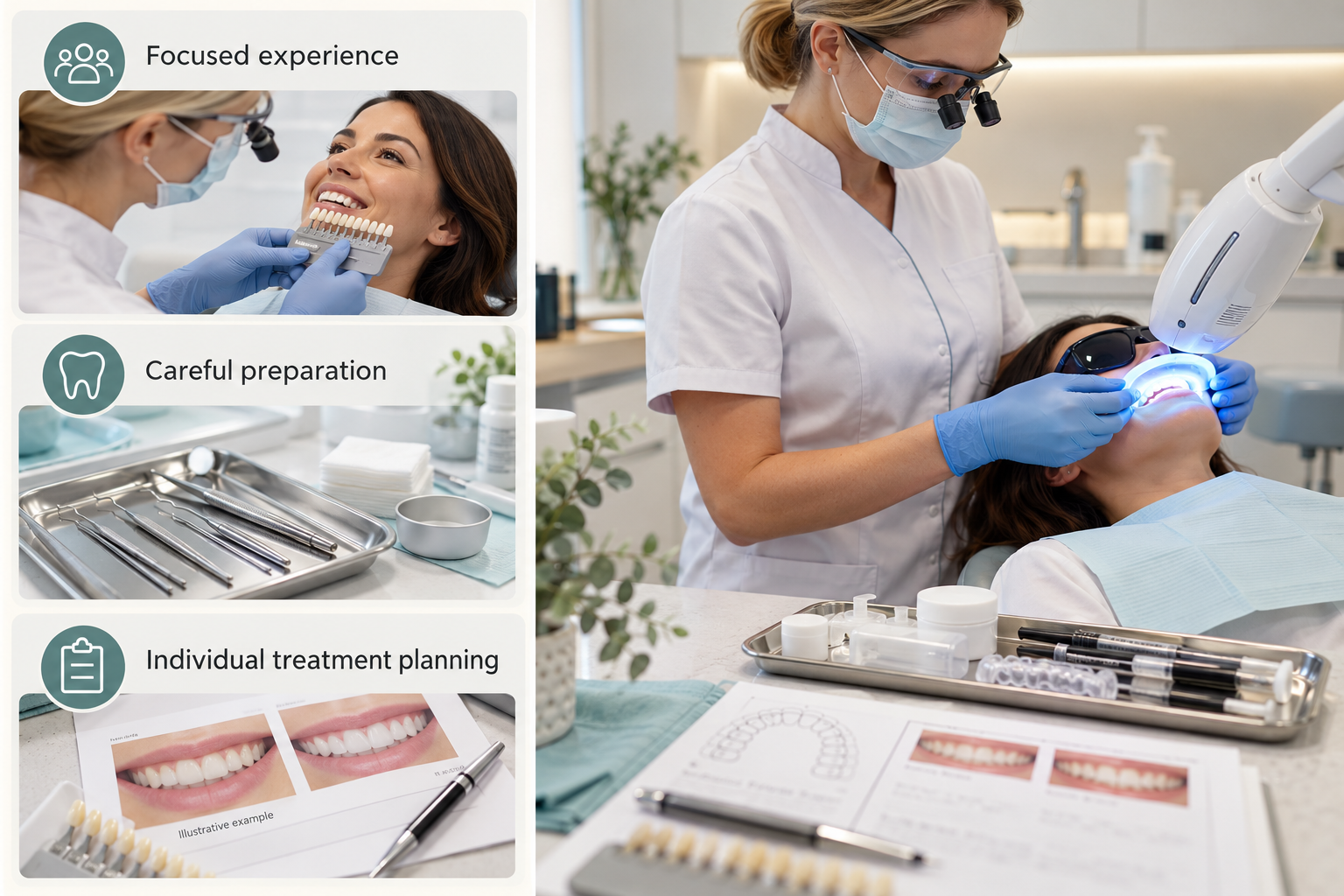 Infographic: Specialist Teeth Whitening practitioner carrying out a supervised treatment. Focused experience. Careful preparation. Individual treatment planning
