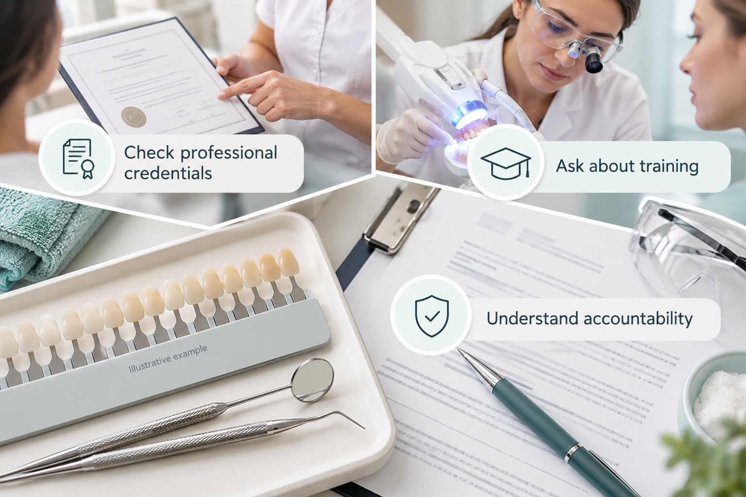 Infographic: Professional training, registration and indemnity standards for Teeth Whitening. Check professional credentials. Ask about training. Understand accountability