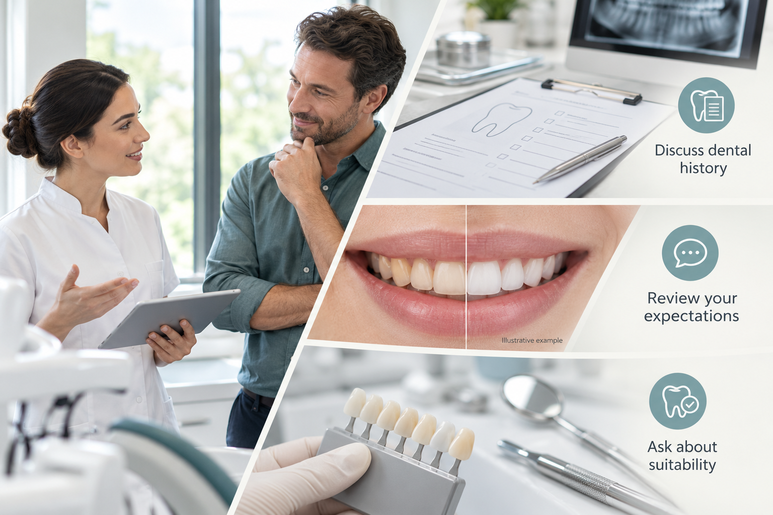 Infographic: In-depth pre-treatment consultation for Teeth Whitening. Discuss dental history. Review your expectations. Ask about suitability