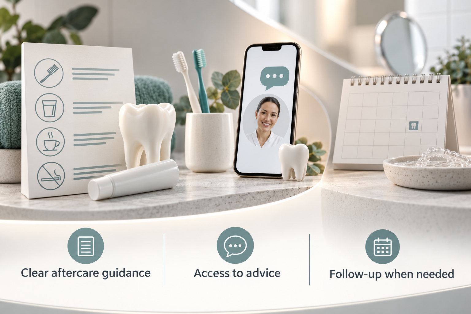 Infographic: Aftercare guidance and follow-up support following Teeth Whitening treatment. Clear aftercare guidance. Access to advice. Follow-up when needed
