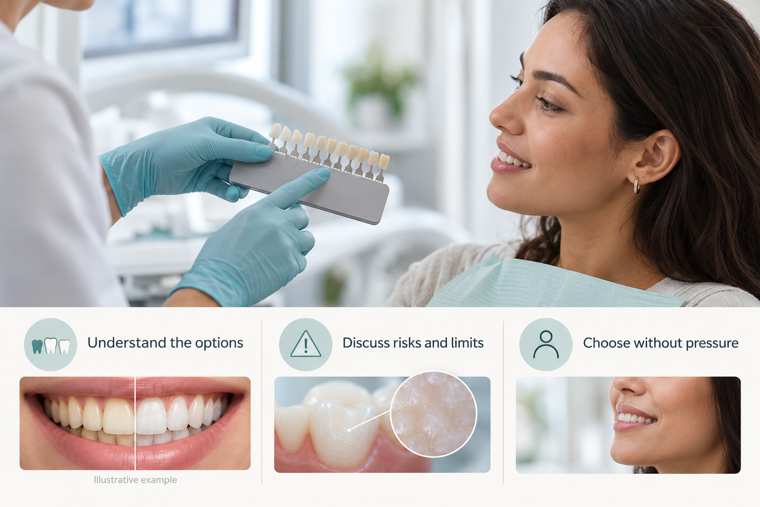 Infographic: Informed consent discussion before Teeth Whitening treatment. Understand the options. Discuss risks and limits. Choose without pressure