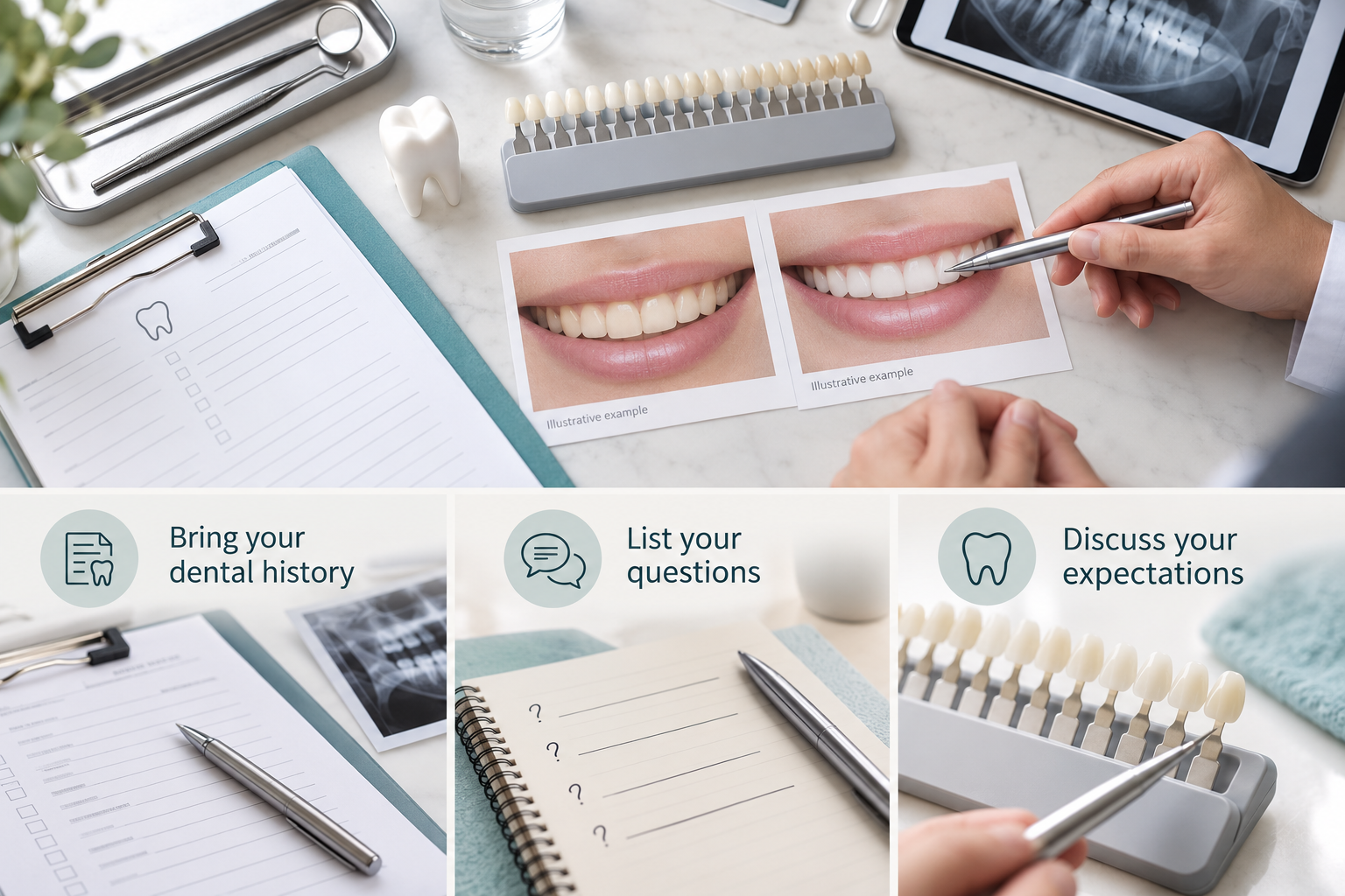 Infographic: A patient discussing teeth whitening with a dental professional during a consultation. Bring your dental history. List your questions. Discuss your expectations