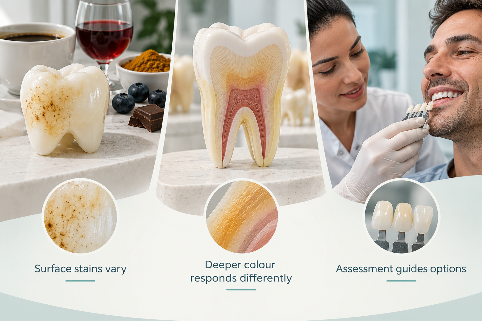 Infographic: Types of staining and discolouration. Surface stains vary. Deeper colour responds differently. Assessment guides options