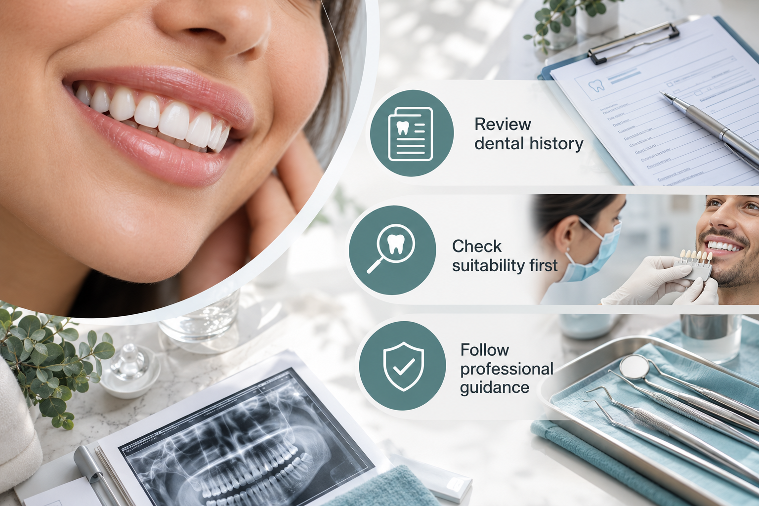 Infographic: Safety and Professional Standards. Review dental history. Check suitability first. Follow professional guidance