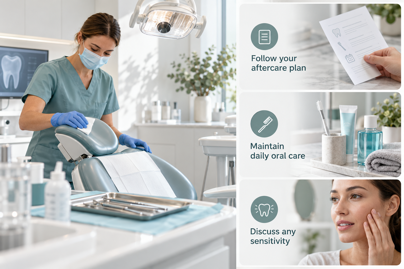 Infographic: Aftercare and Maintaining Results. Follow your aftercare plan. Maintain daily oral care. Discuss any sensitivity