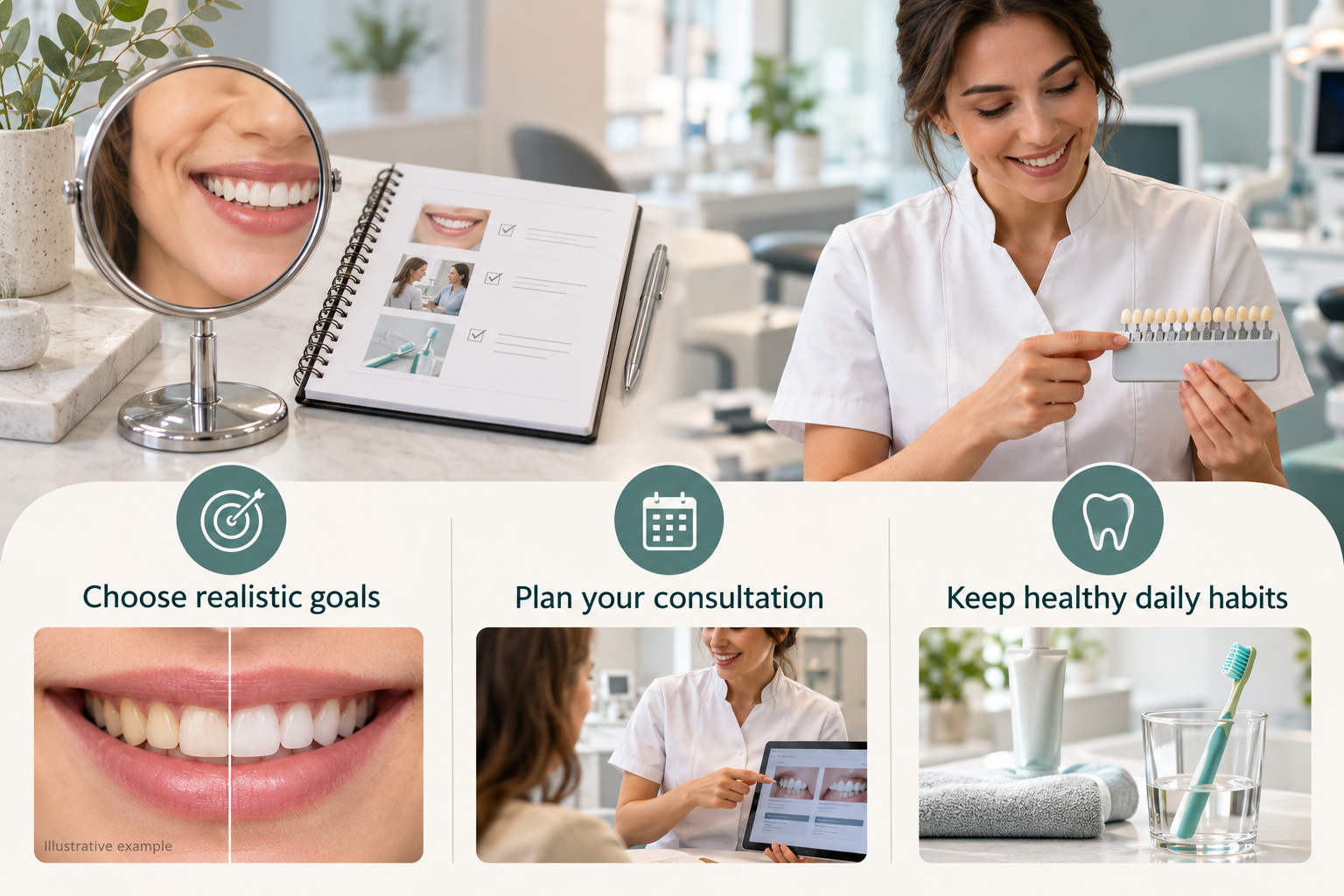 Infographic: Planning a confident smile with realistic teeth whitening expectations. Choose realistic goals. Plan your consultation. Keep healthy daily habits