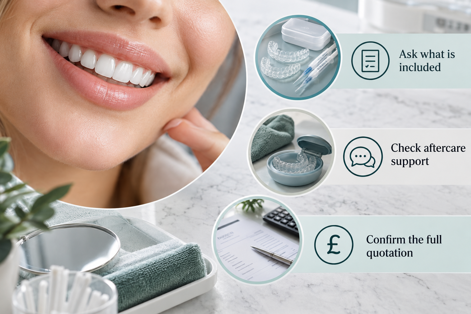 Infographic: What is included in the Teeth Whitening treatment price. Ask what is included. Check aftercare support. Confirm the full quotation