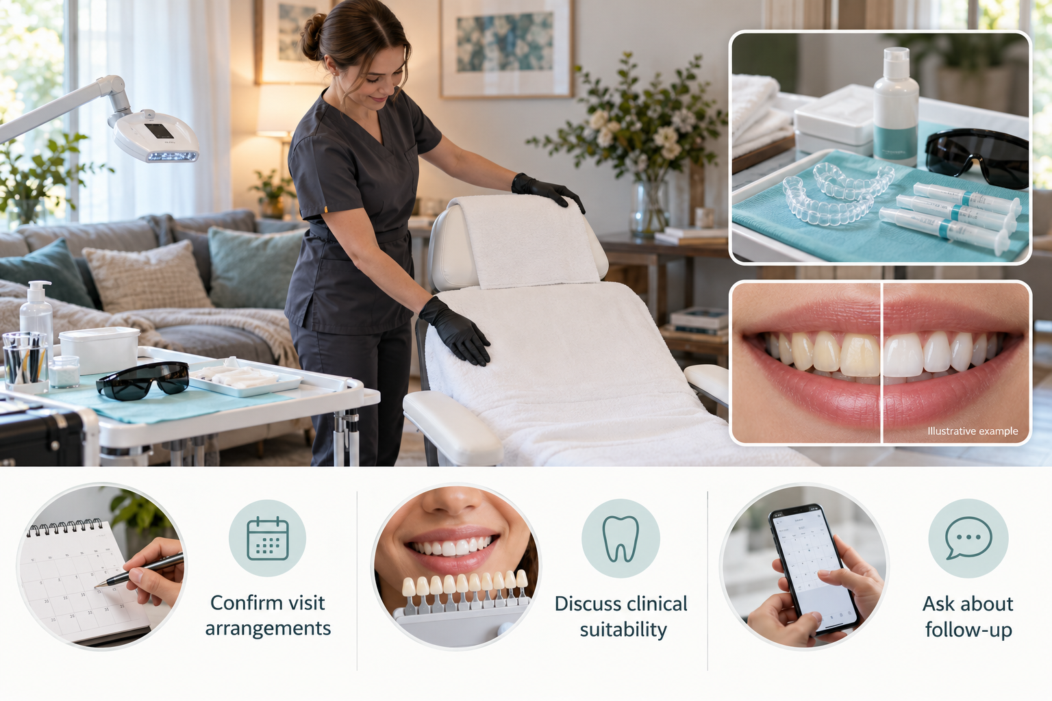 Infographic: Home visit Teeth Whitening treatment carried out at the patient's own address. Confirm visit arrangements. Discuss clinical suitability. Ask about follow-up