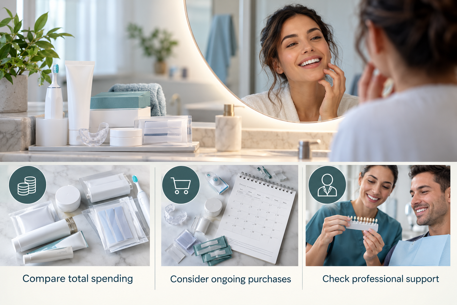 Infographic: Comparing accumulated spend on whitening products against a single supervised treatment. Compare total spending. Consider ongoing purchases. Check professional support
