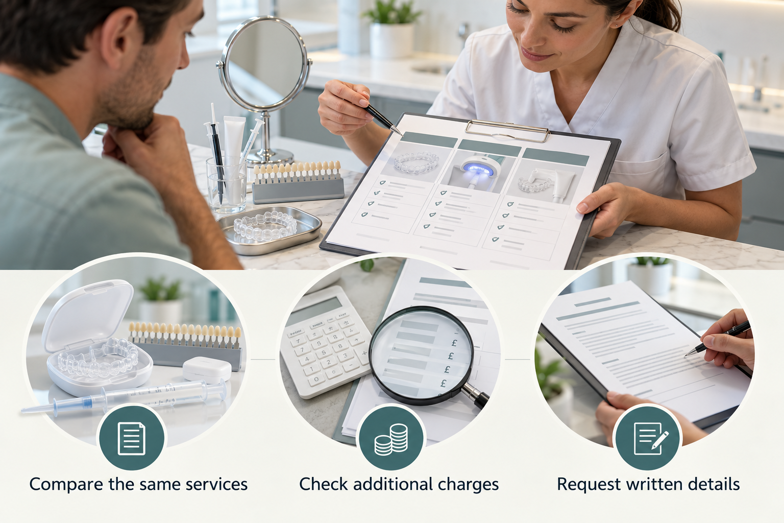 Infographic: Comparing what different Teeth Whitening quotations actually include. Compare the same services. Check additional charges. Request written details