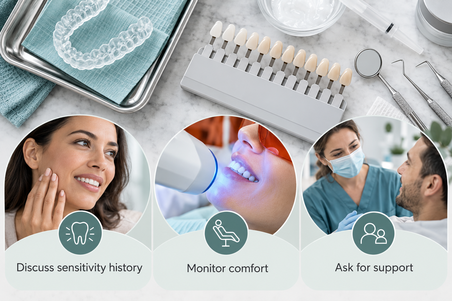 Infographic: Comfortable Teeth Whitening treatment carried out under professional supervision. Discuss sensitivity history. Monitor comfort. Ask for support