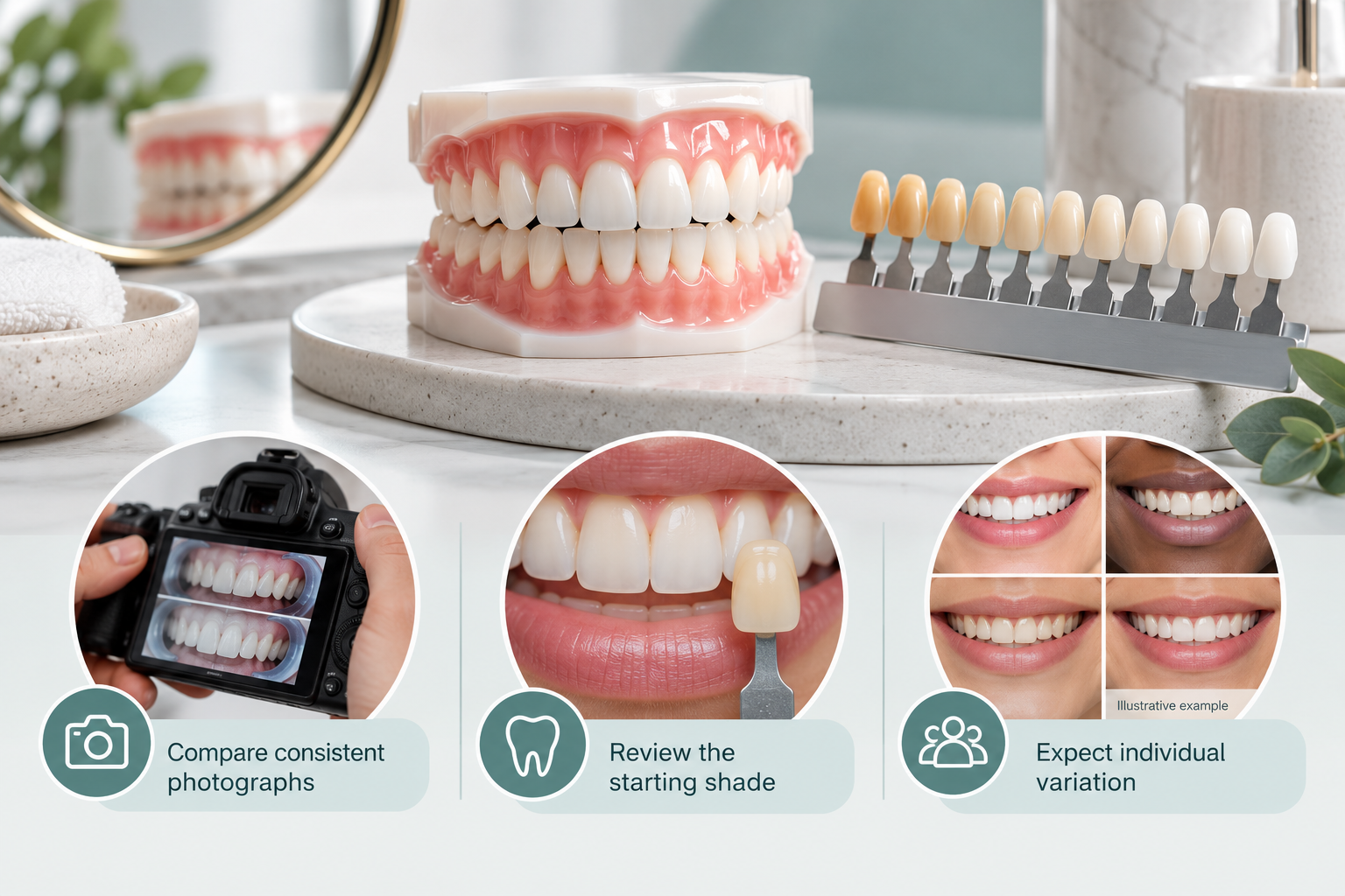 Infographic: Immediate visible shade change recorded at the end of a Teeth Whitening session. Compare consistent photographs. Review the starting shade. Expect individual variation