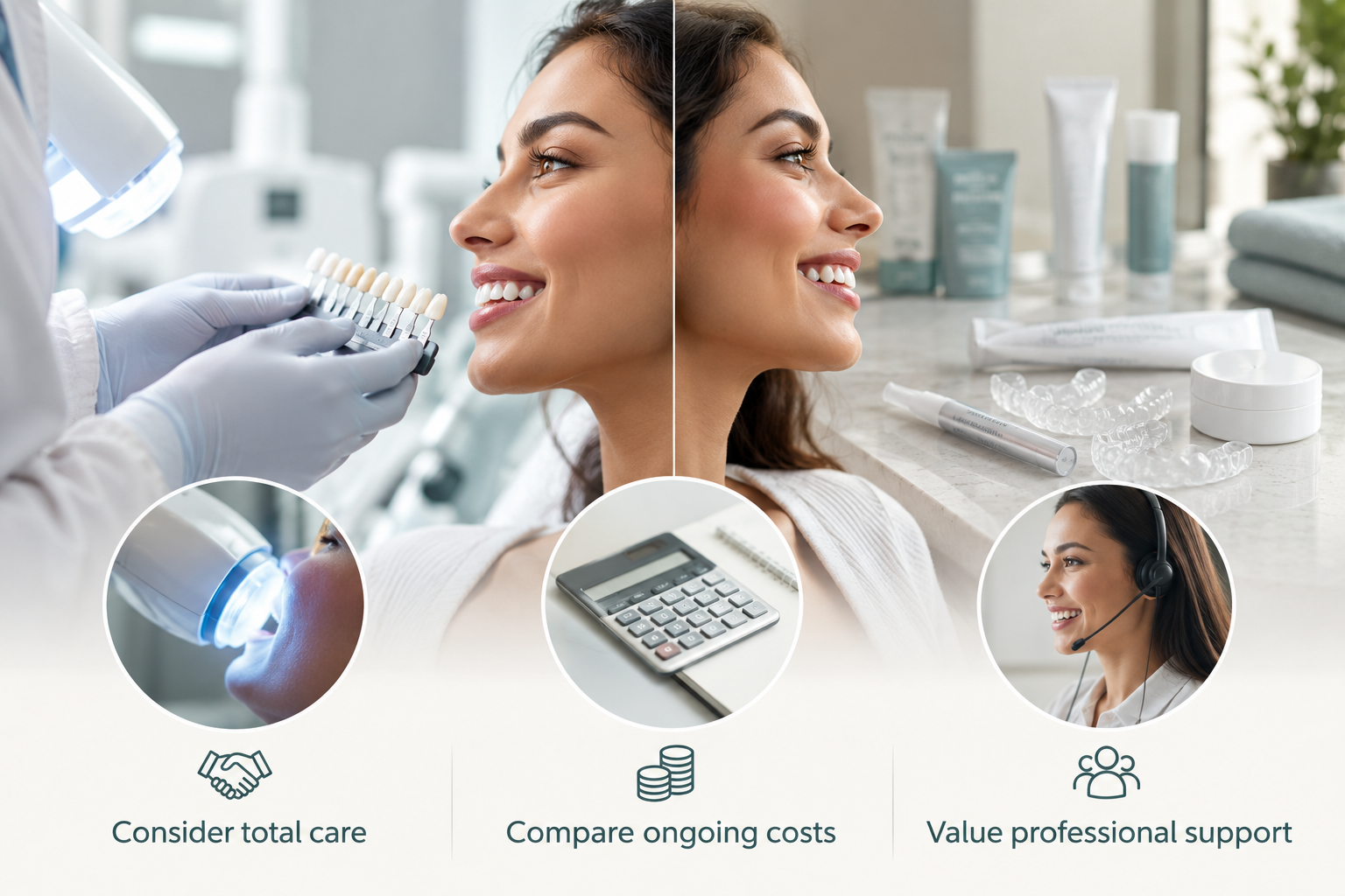 Infographic: Comparing the long-term value of professional Teeth Whitening against repeat product purchases. Consider total care. Compare ongoing costs. Value professional support