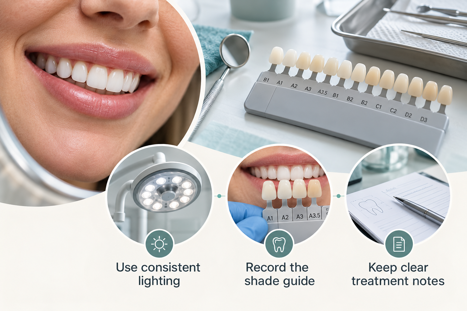 Infographic: Documented Teeth Whitening outcome recorded against a standardised shade guide. Use consistent lighting. Record the shade guide. Keep clear treatment notes