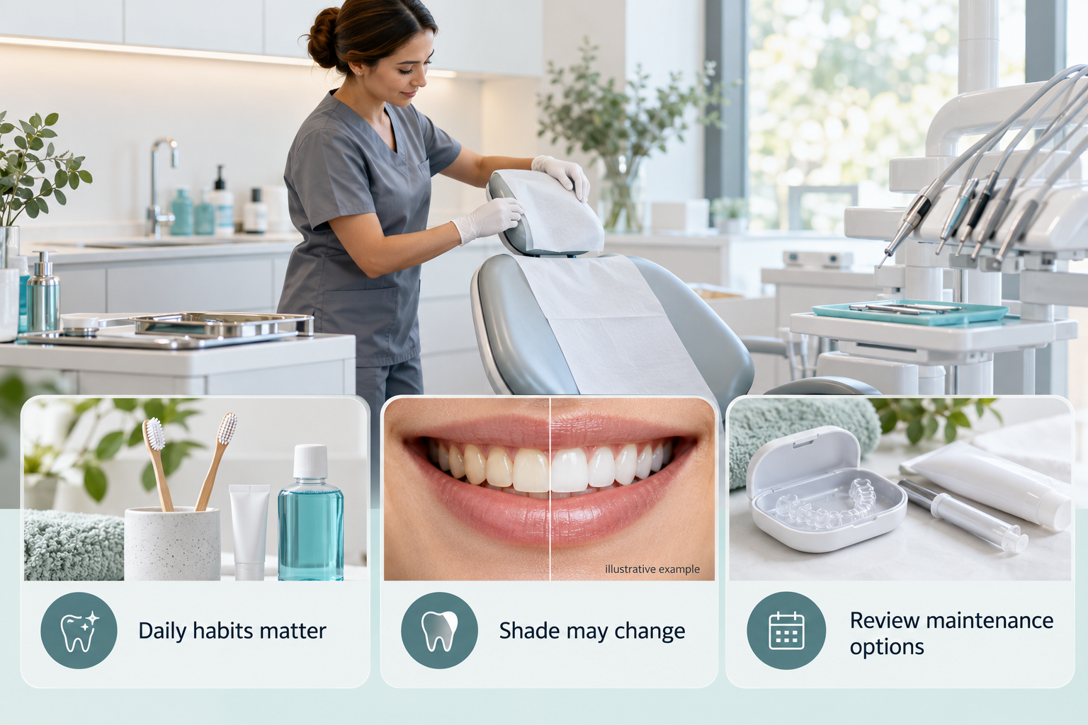 Infographic: Long-term retention of Teeth Whitening results with consistent aftercare. Daily habits matter. Shade may change. Review maintenance options