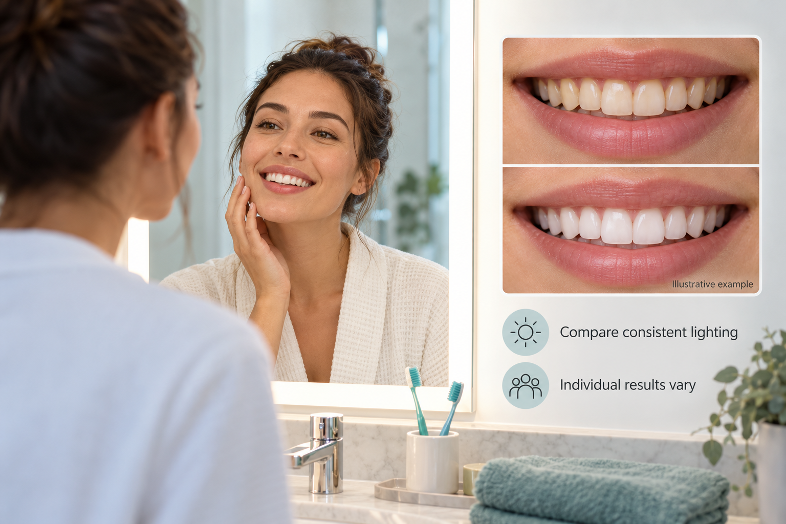 Infographic: Before and after Teeth Whitening comparison, general case. Illustrative example. Compare consistent lighting. Individual results vary