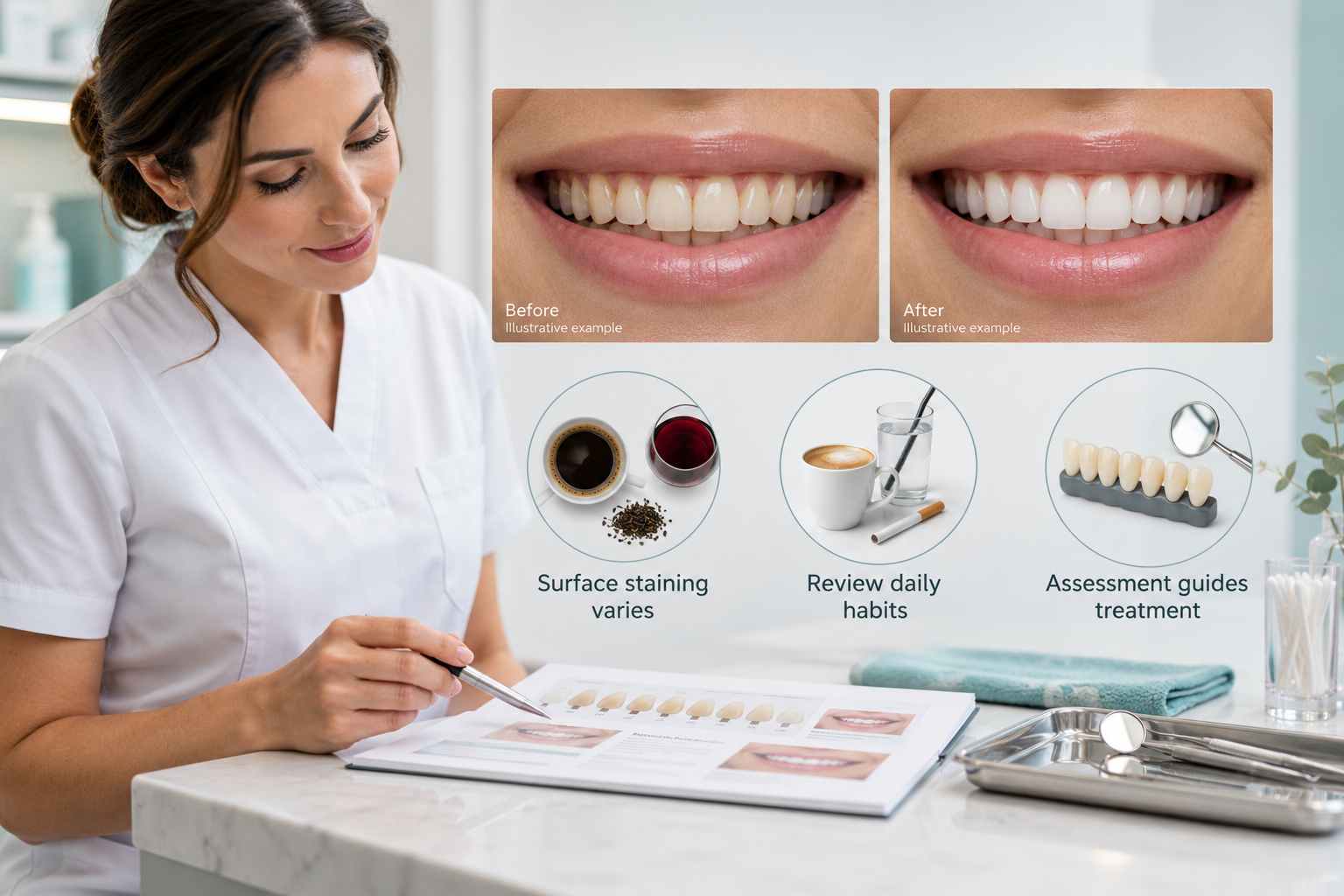 Infographic: Before and after Teeth Whitening comparison, moderate extrinsic staining. Surface staining varies. Review daily habits. Assessment guides treatment