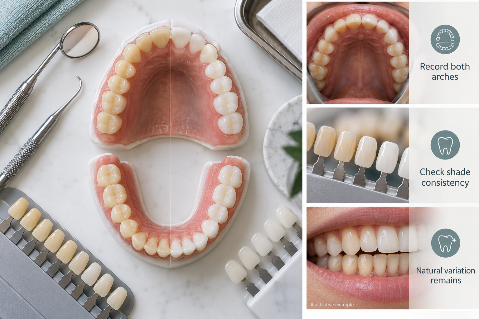 Infographic: Before and after Teeth Whitening comparison, upper and lower arch. Record both arches. Check shade consistency. Natural variation remains